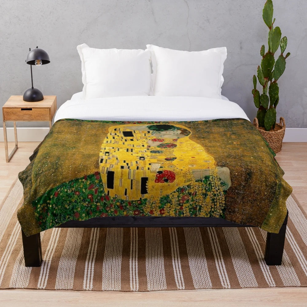 Plush blanket featuring the iconic "The Kiss" painting by Gustav Klimt