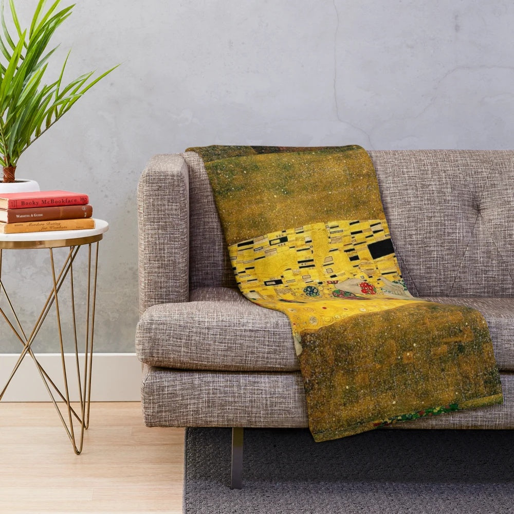 Plush blanket featuring the iconic "The Kiss" painting by Gustav Klimt