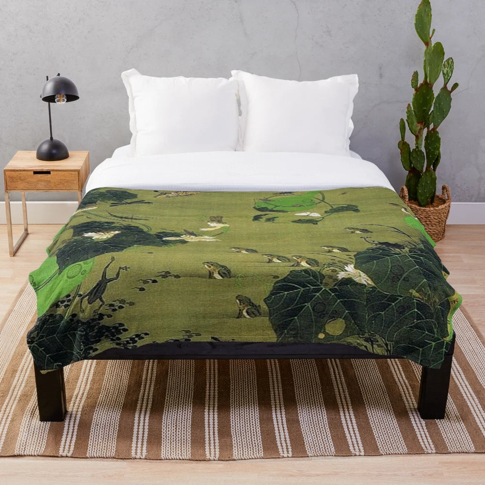 Plush blanket featuring Japanese artist Ito Jakuchu's "Insects By Pond Side" artwork
