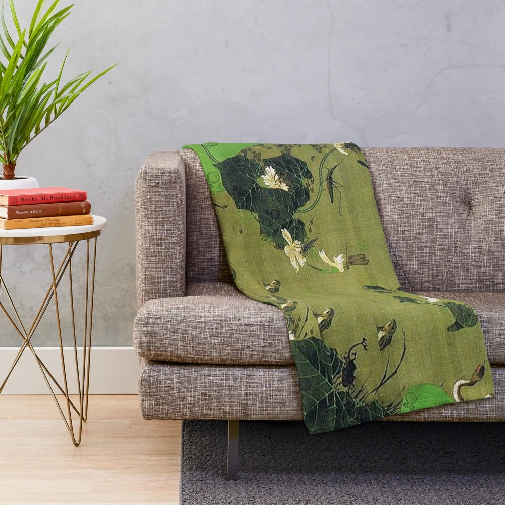 Plush blanket featuring Japanese artist Ito Jakuchu's "Insects By Pond Side" artwork