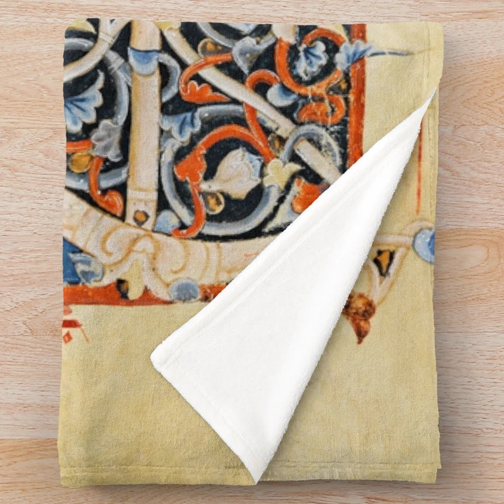 Plush blanket featuring intricate medieval musical manuscript design