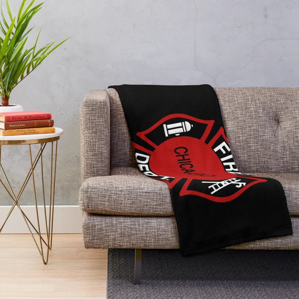 Plush blanket with Chicago Fire Department design