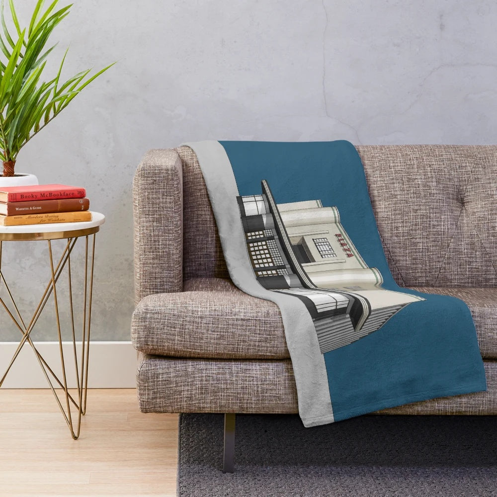 Plush blanket featuring an illustration of the Plaza Cinema in Port Talbot, Wales