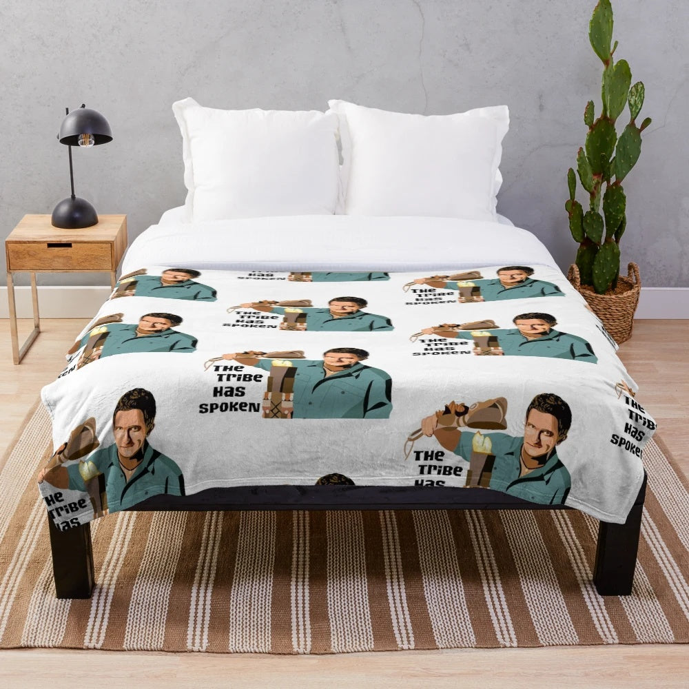 Soft, cozy plush blanket featuring the iconic "The Tribe Has Spoken" quote from Survivor host Jeff Probst