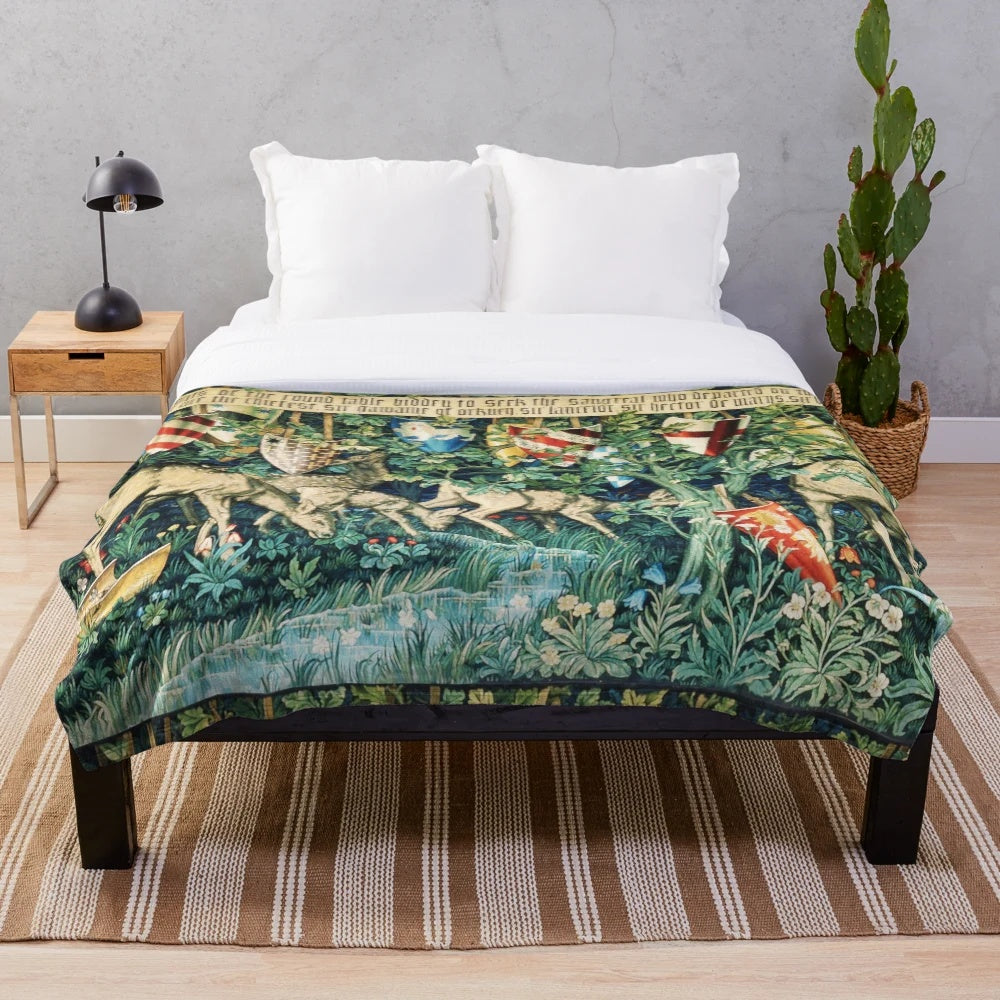 Plush blanket featuring a William Morris-inspired design with deer, foliage, and heraldic shields