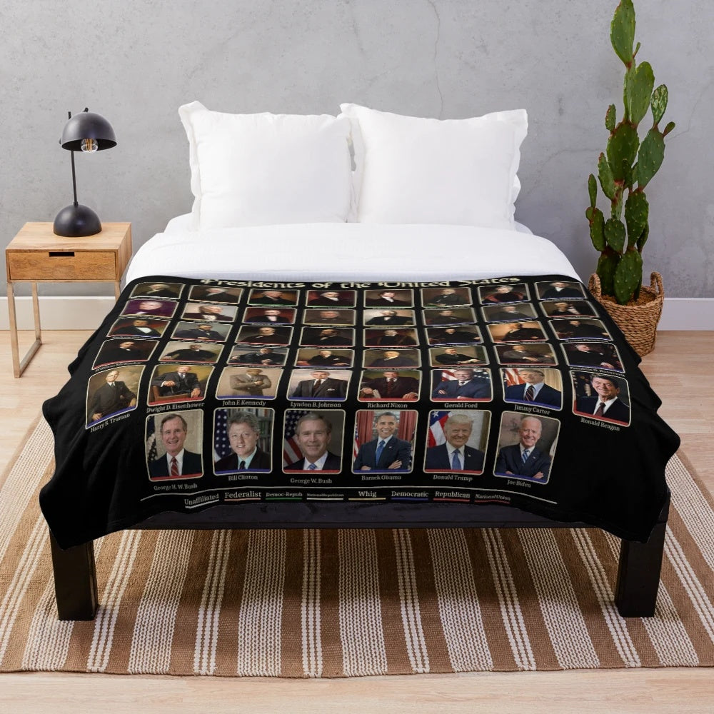 Plush blanket featuring portraits of 46 US presidents