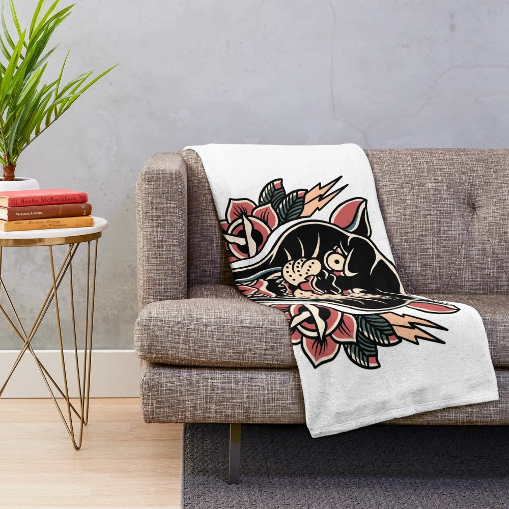 Plush Blanket with American Traditional Panther and Roses Tattoo Design