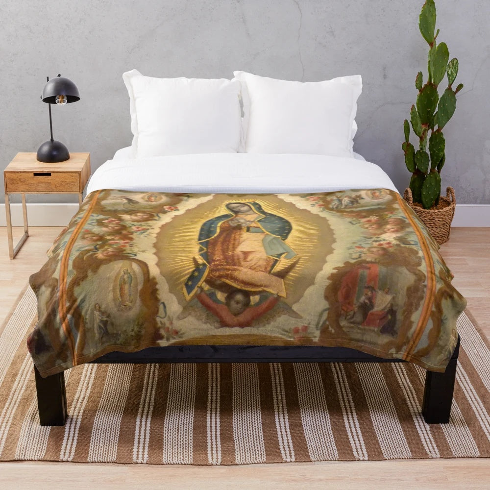 Plush blanket featuring artwork of Virgin of Guadalupe and her four apparitions