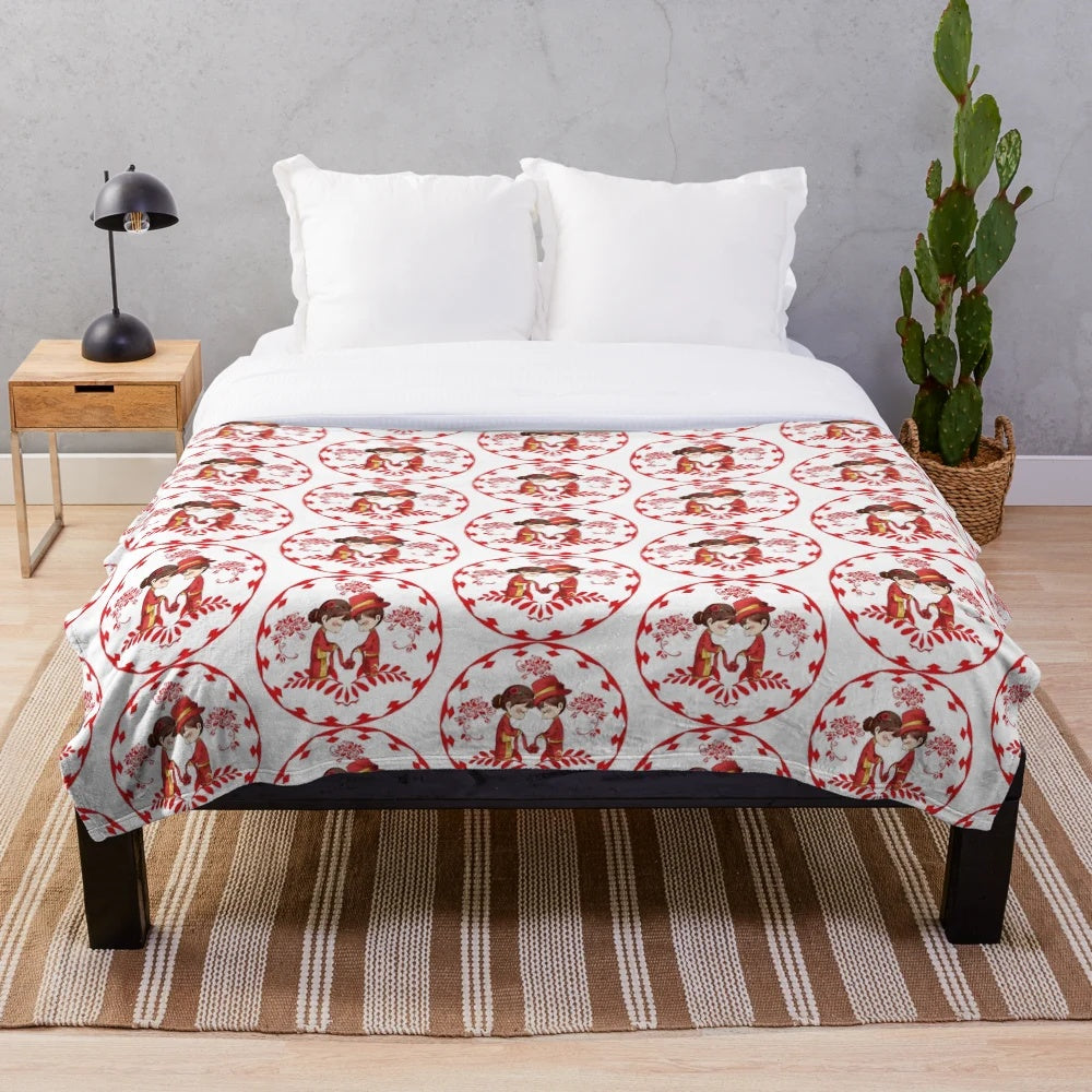 Plush blanket with Chinese-inspired sacred patterns