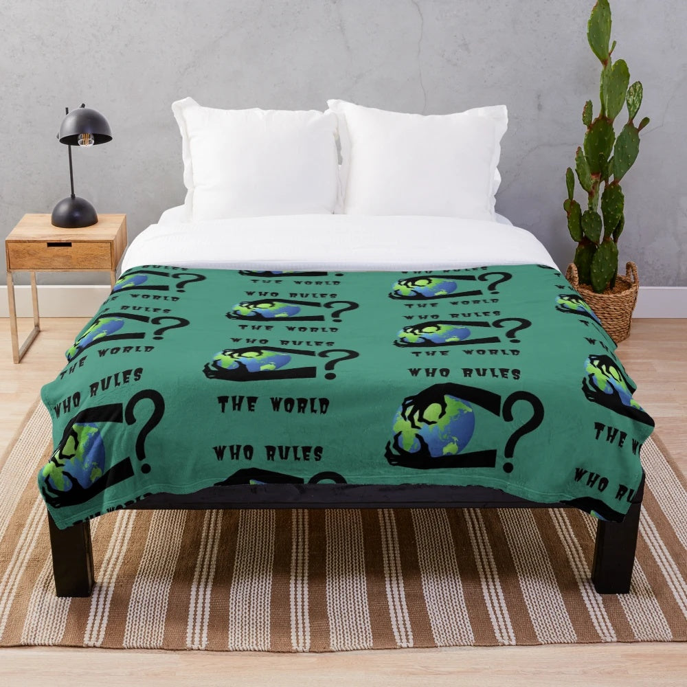Plush blanket with conspiracy theory inspired designs