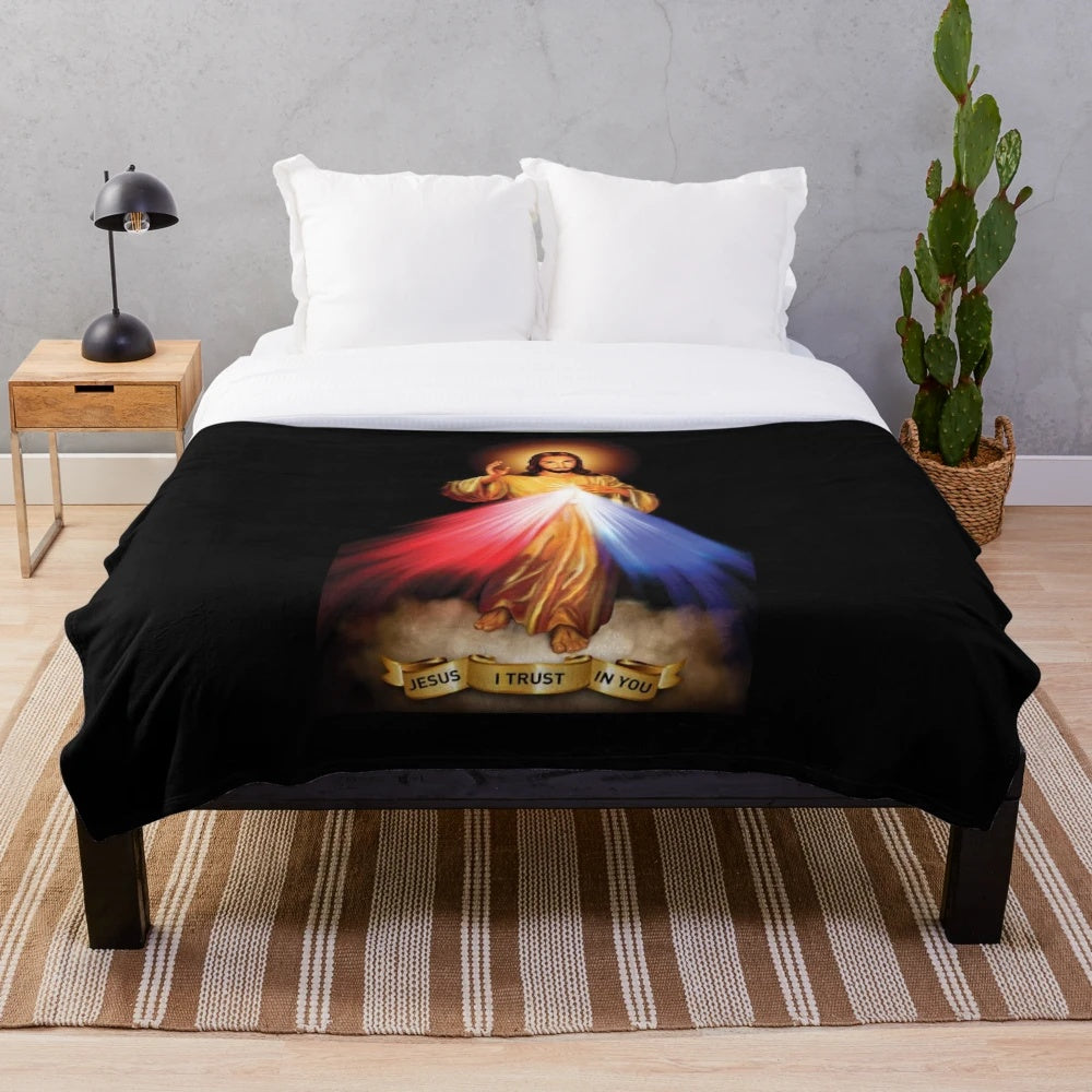 Plush blanket with divine mercy, jesus, and saint faustina imagery