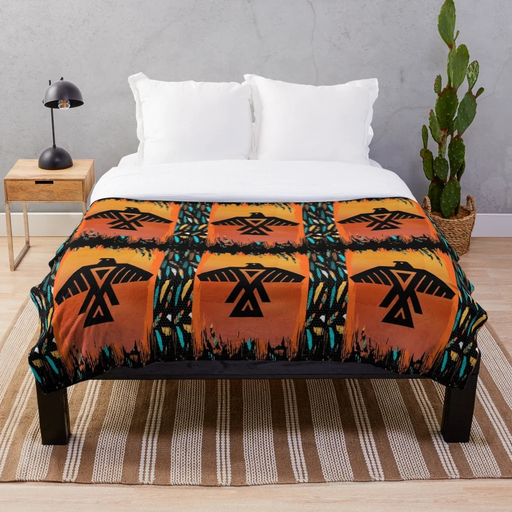Plush blanket with eagle and native american tribal pattern design