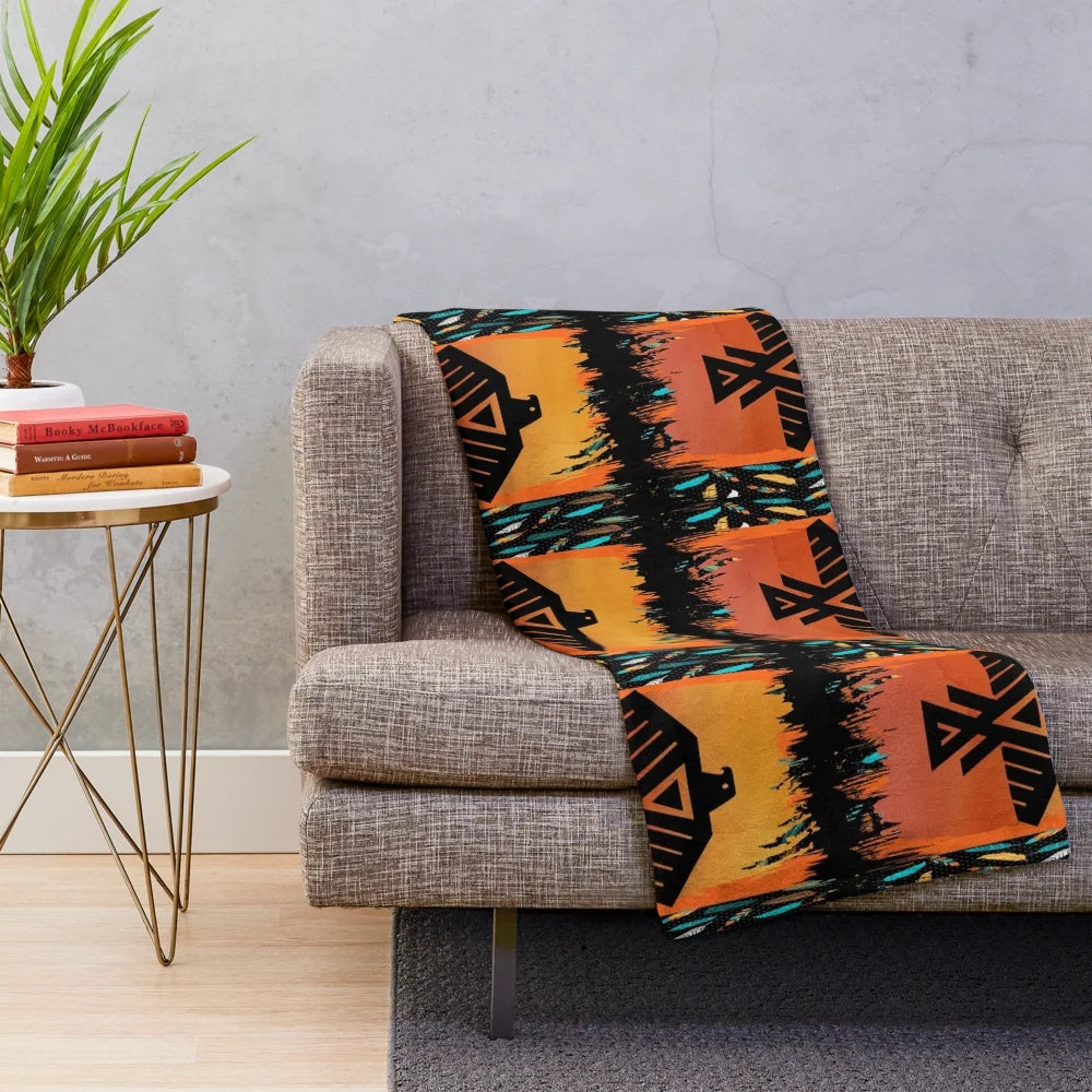 Plush blanket with eagle and native american tribal pattern design