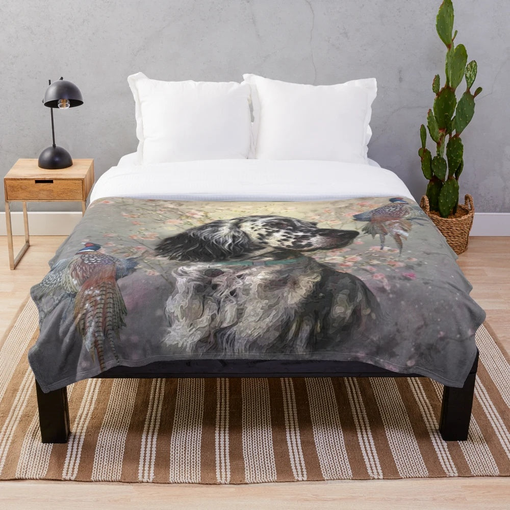 Plush blanket featuring an illustration of an English setter dog and pheasants