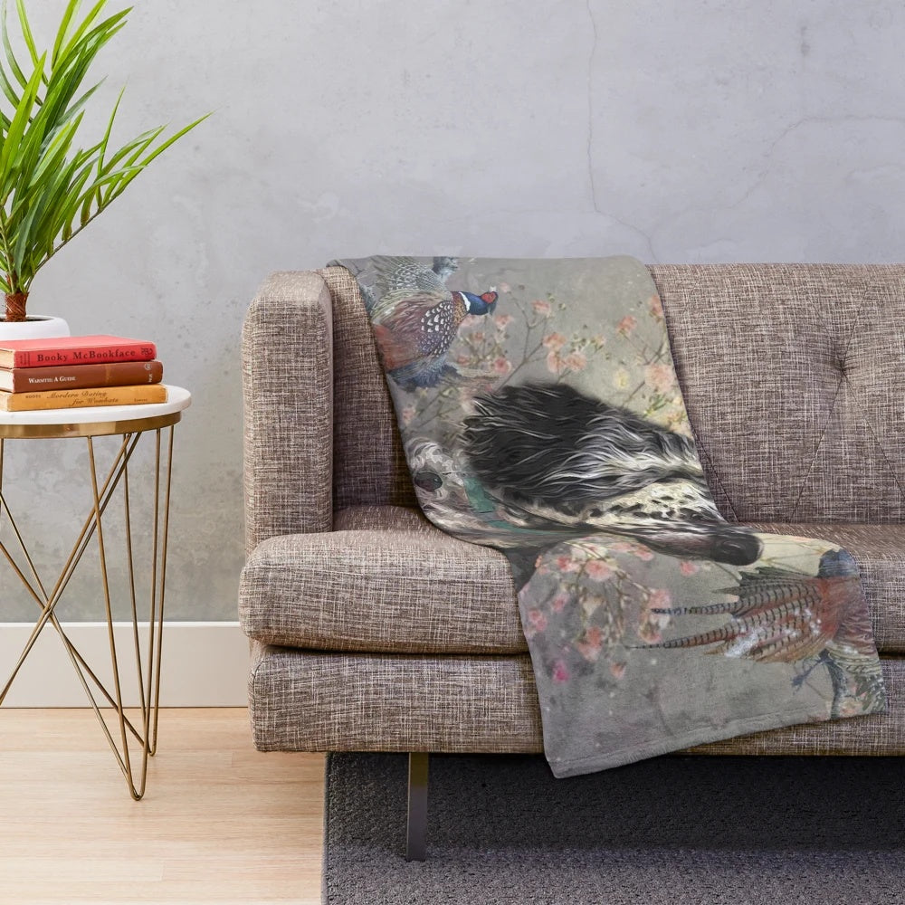 Plush blanket featuring an illustration of an English setter dog and pheasants