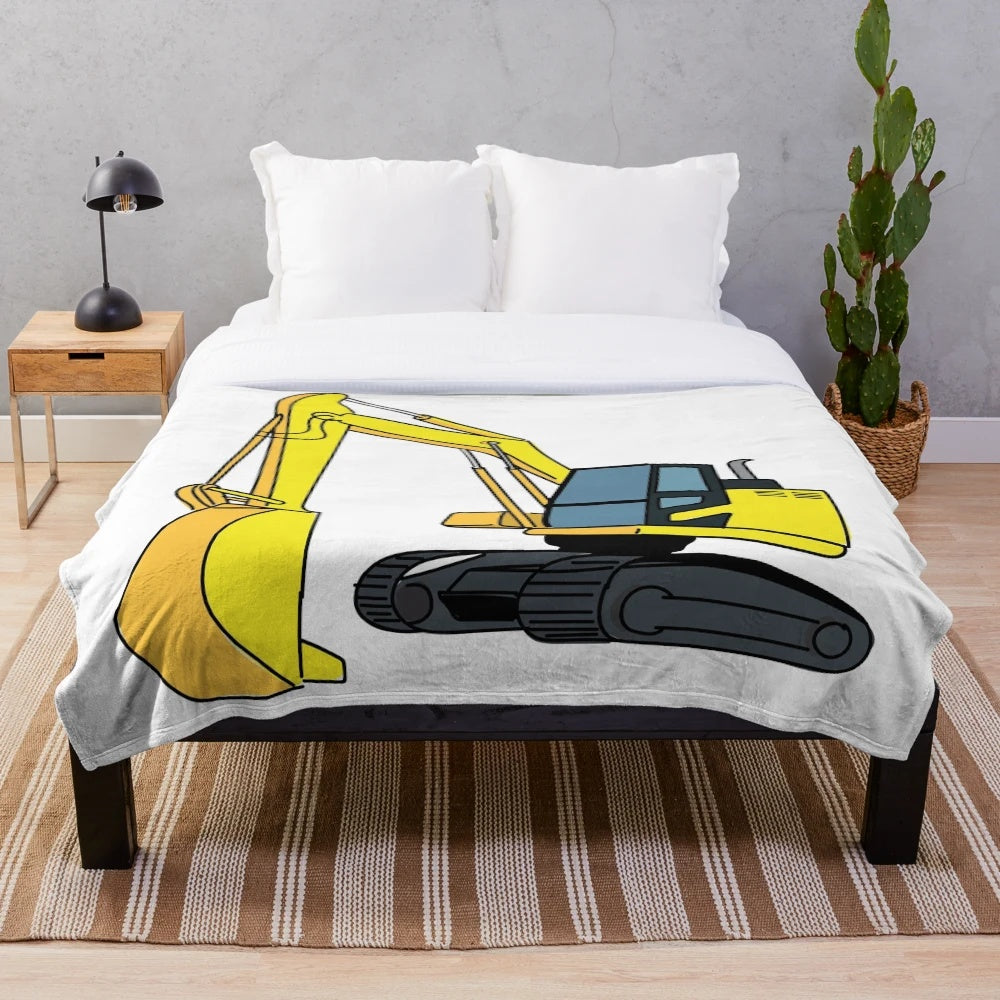 Plush blanket featuring an illustration of an excavator construction vehicle
