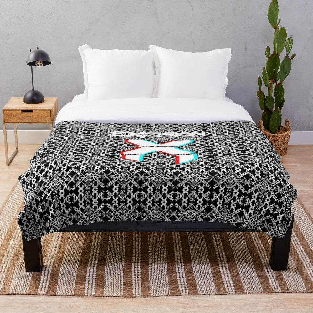 Plush blanket with vibrant electronic music festival-inspired pattern