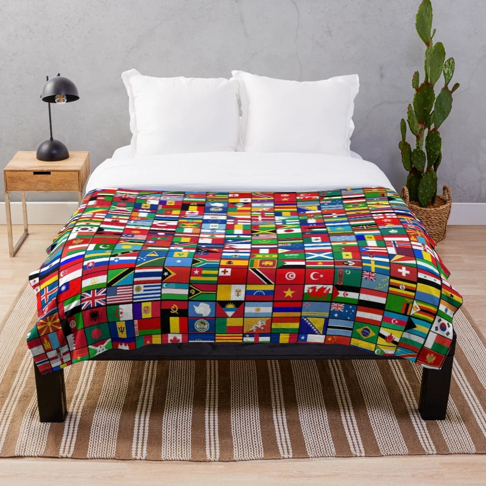 Plush blanket featuring flags of the world for a cozy, global-inspired home decor