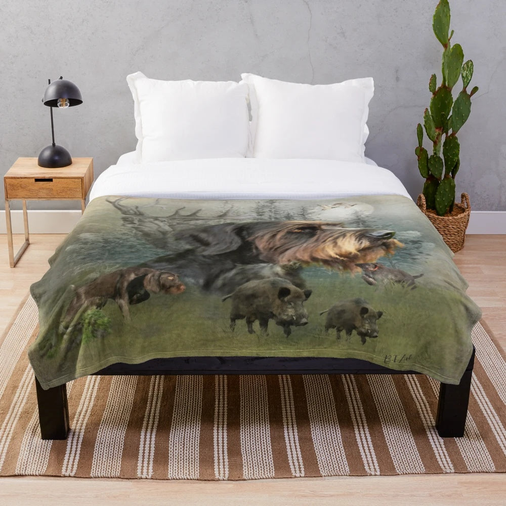 German Wirehaired Pointer and boar hunting scene on plush blanket