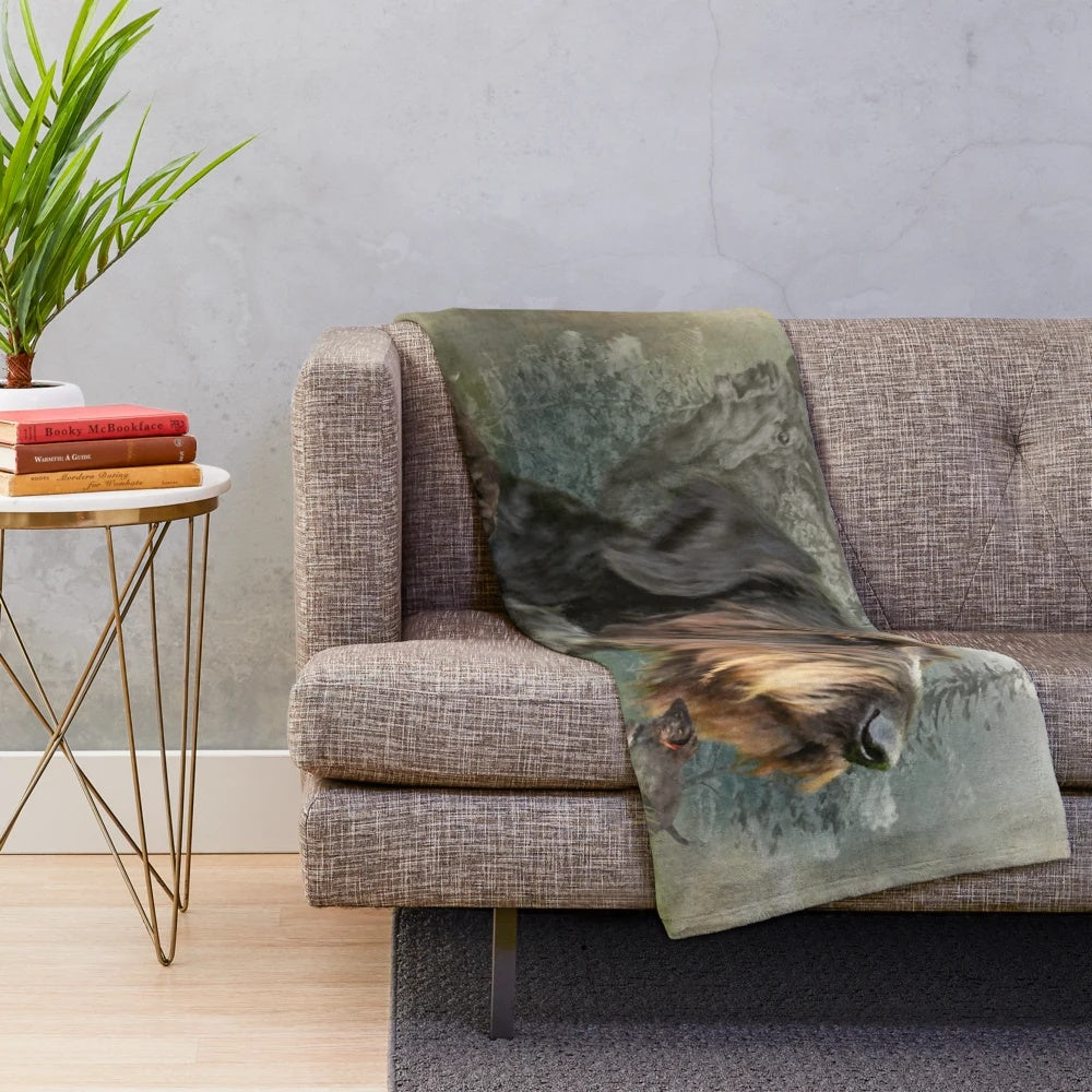German Wirehaired Pointer and boar hunting scene on plush blanket