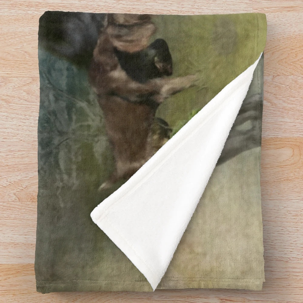 German Wirehaired Pointer and boar hunting scene on plush blanket