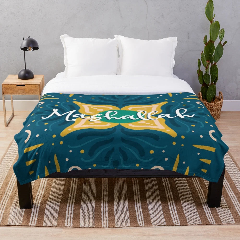 Plush blanket with 'God Willed It' Arabic calligraphy design