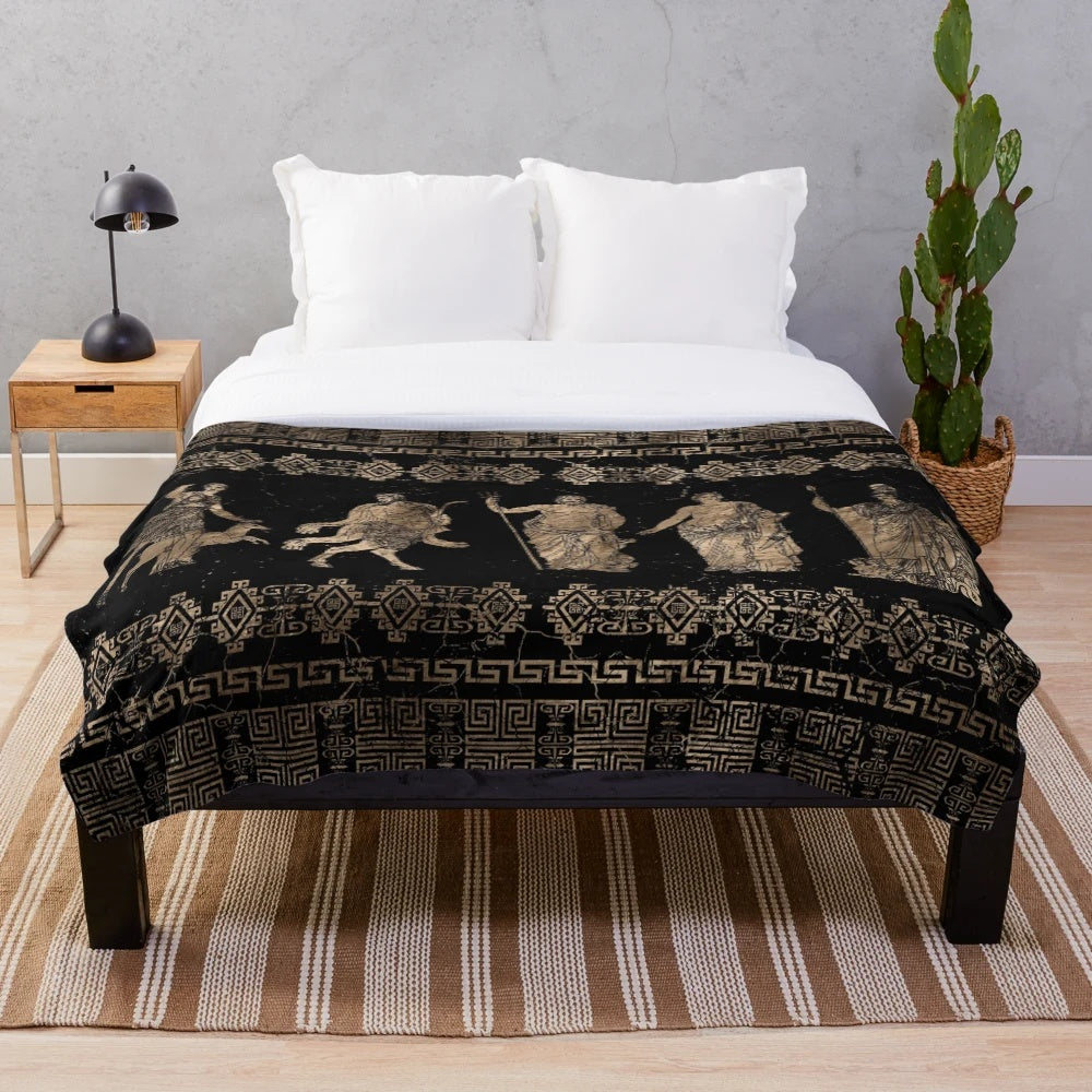 Plush blanket featuring ancient Greek gods and meander pattern