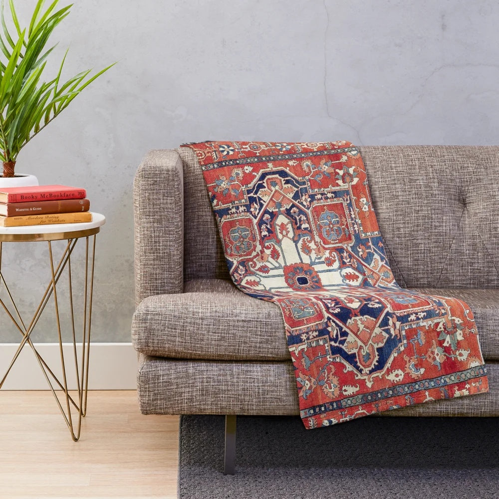 Plush blanket with Heriz Azerbaijan Northwest Persian rug inspired floral and geometric pattern