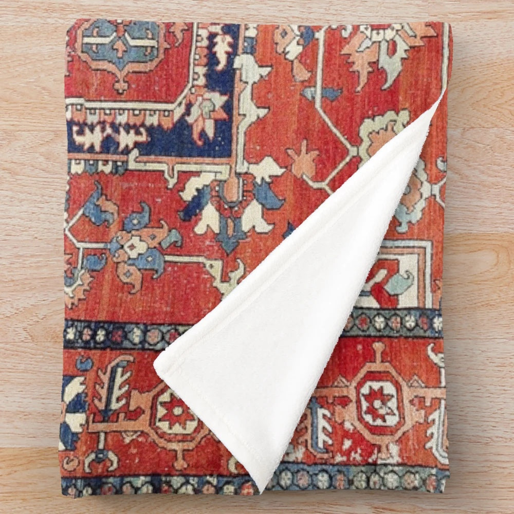 Plush blanket with Heriz Azerbaijan Northwest Persian rug inspired floral and geometric pattern