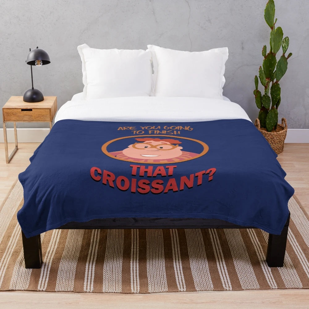 Plush blanket featuring the 'Are You Going to Finish That Croissant?' meme with cartoon characters
