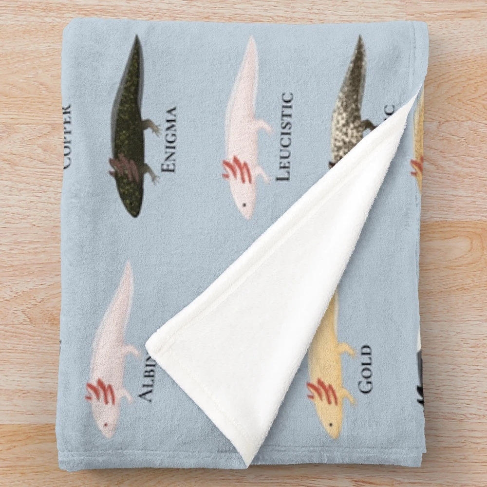 Plush blanket featuring a labelled axolotl pattern