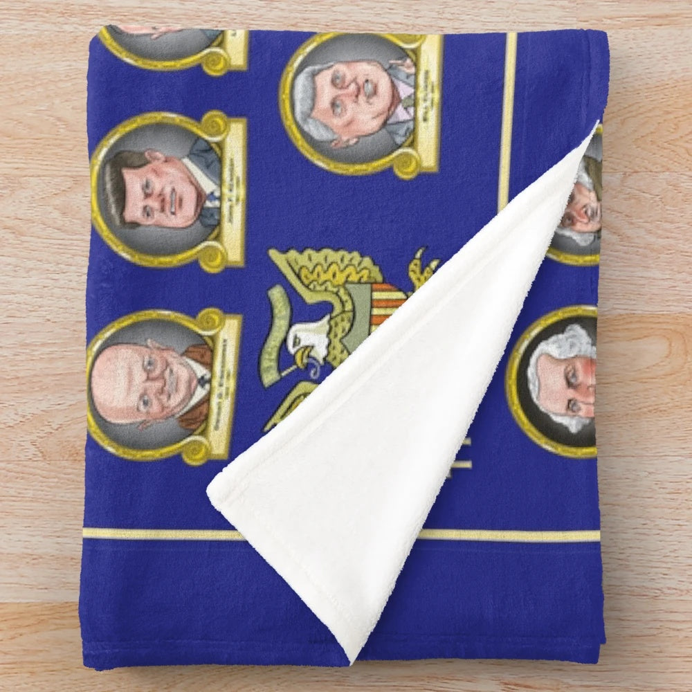 Plush blanket with design featuring past US presidents