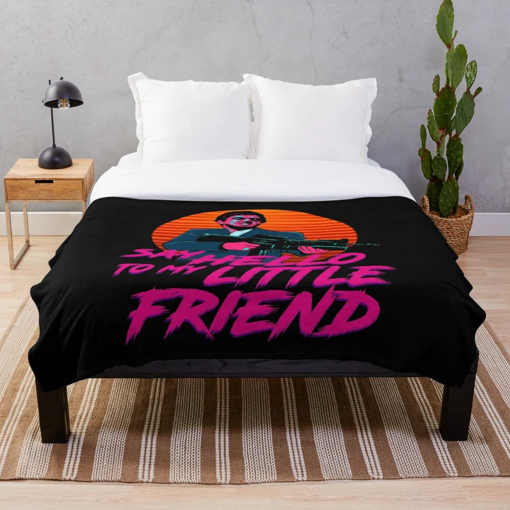 Cozy plush blanket with neon retro movie-inspired design