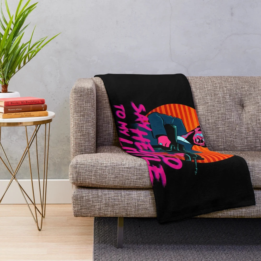Cozy plush blanket with neon retro movie-inspired design