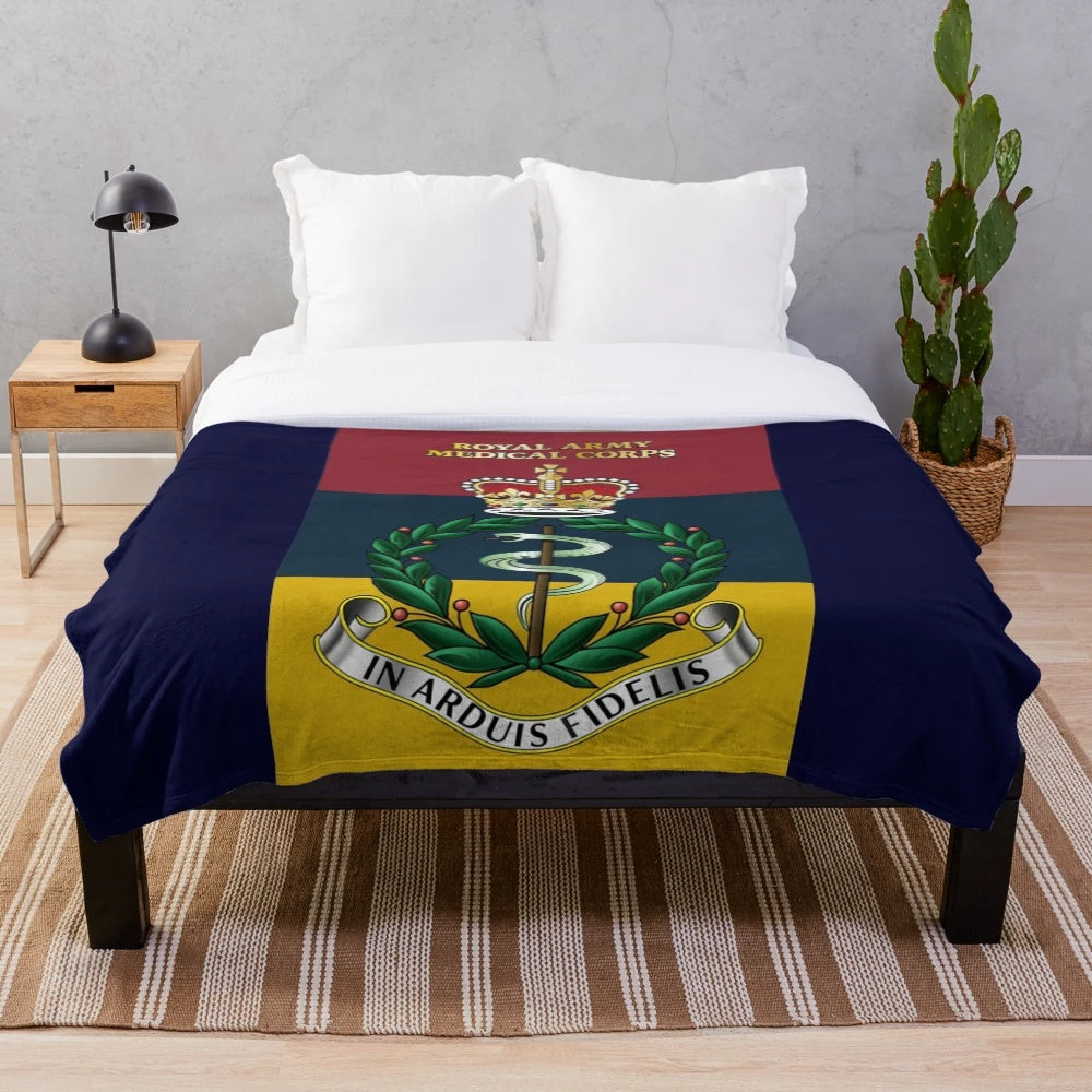 Plush blanket featuring the Royal Army Medical Corps RAMC cap badge insignia