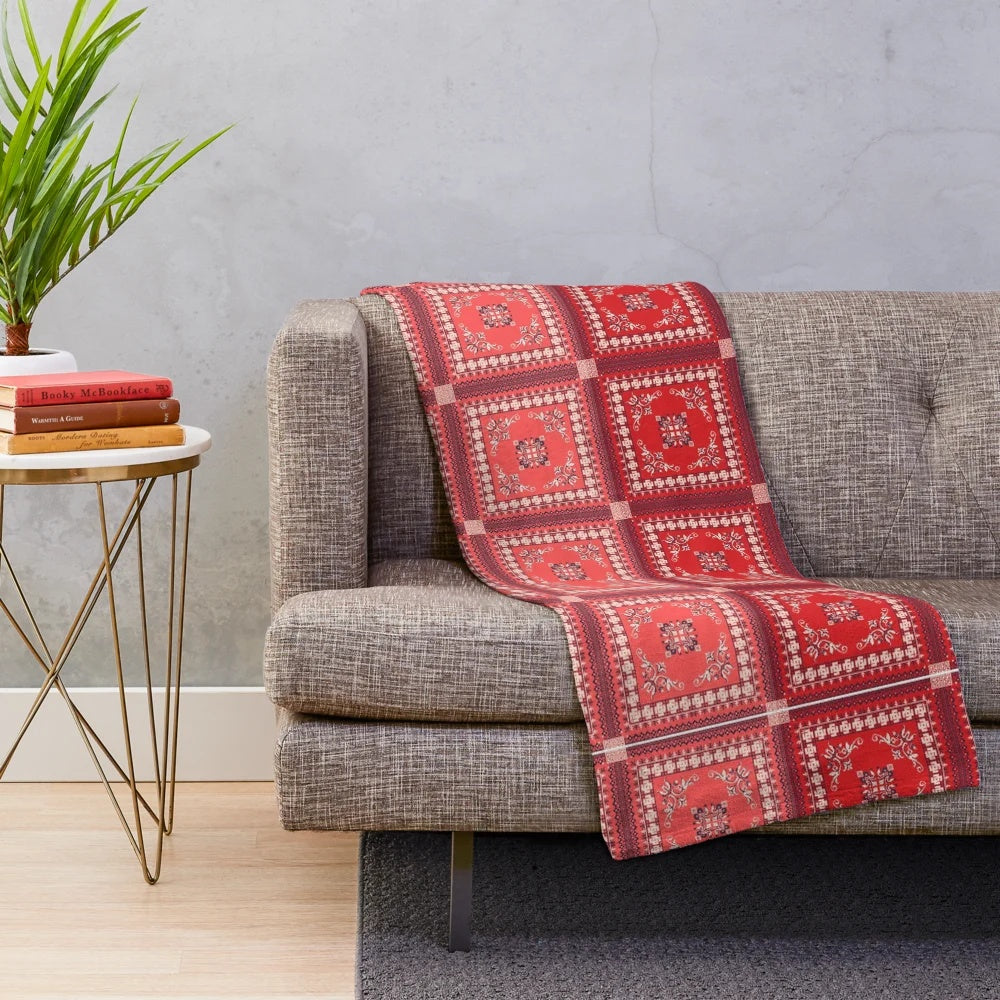Plush blanket with traditional Russian red embroidery pattern design