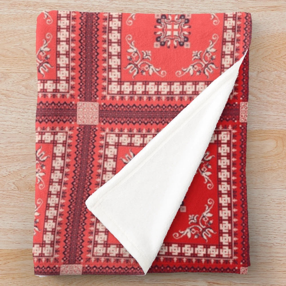 Plush blanket with traditional Russian red embroidery pattern design