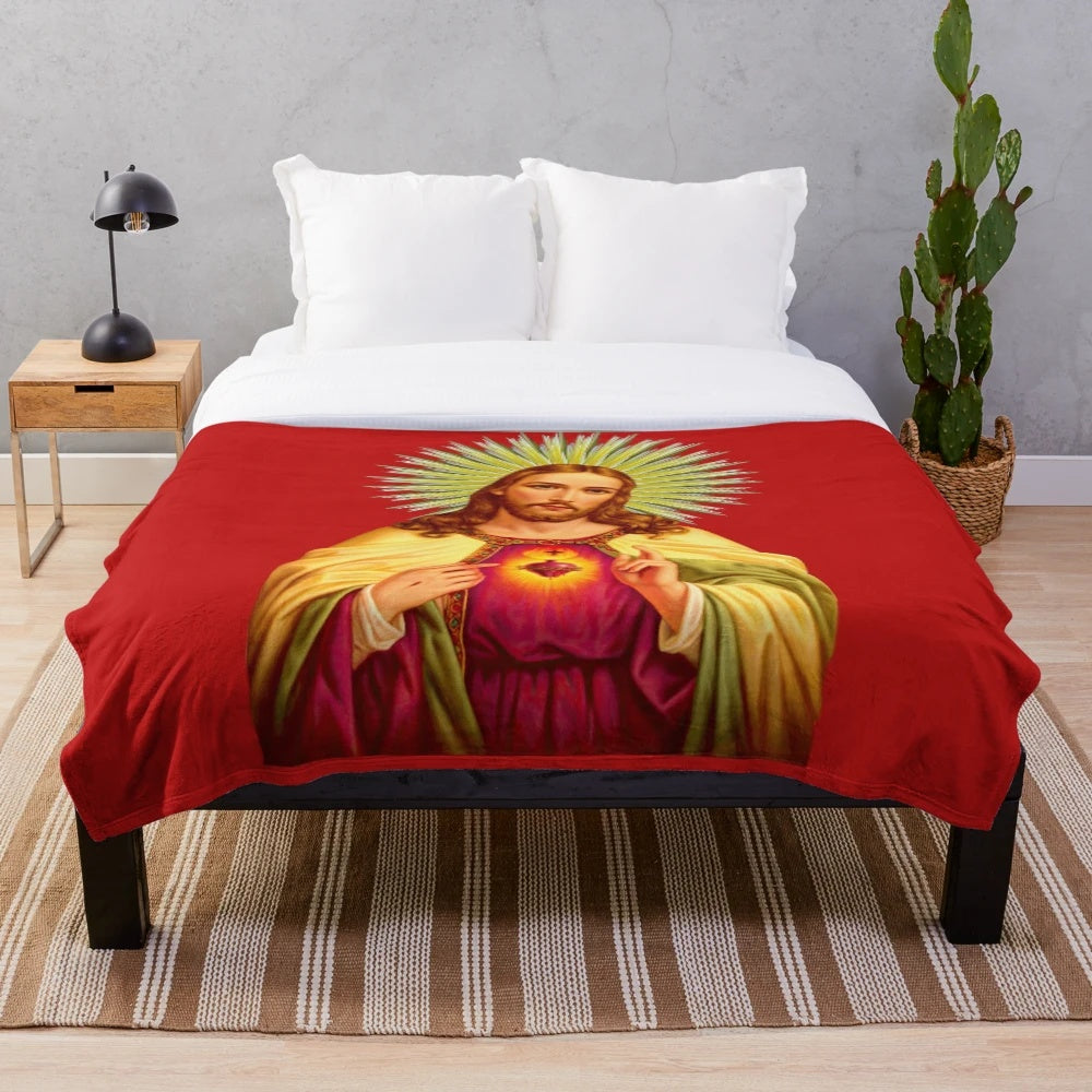 Soft and cozy plush blanket featuring the Sacred Heart of Jesus and Divine Mercy imagery