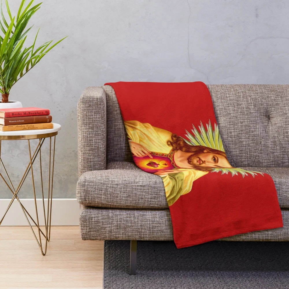 Soft and cozy plush blanket featuring the Sacred Heart of Jesus and Divine Mercy imagery
