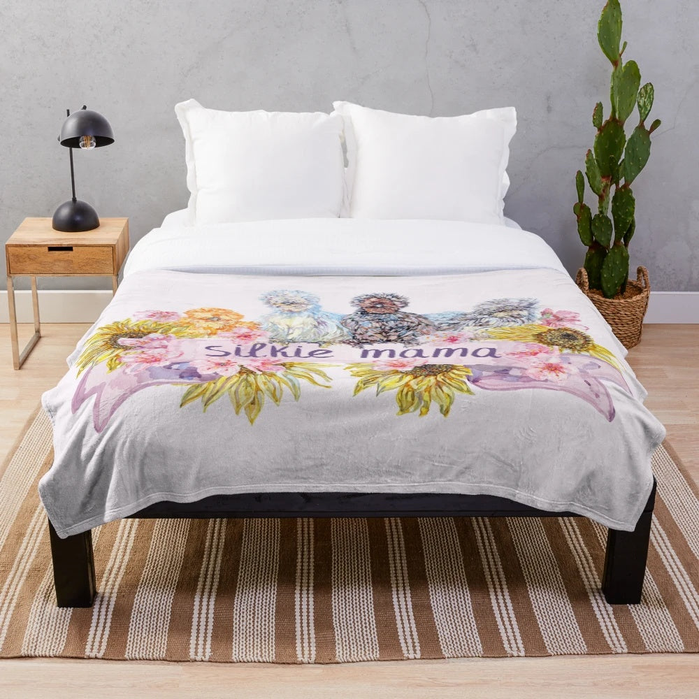 Plush blanket with silkie chicken mom and floral watercolor design