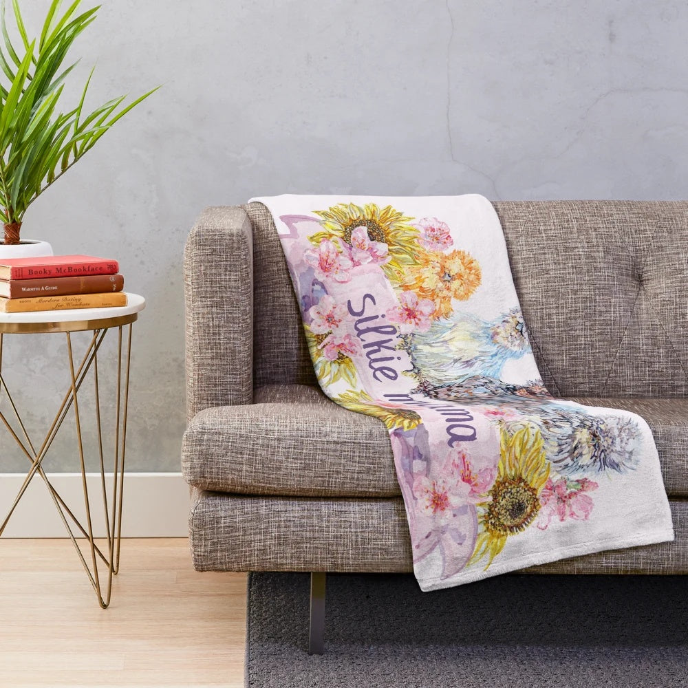 Plush blanket with silkie chicken mom and floral watercolor design