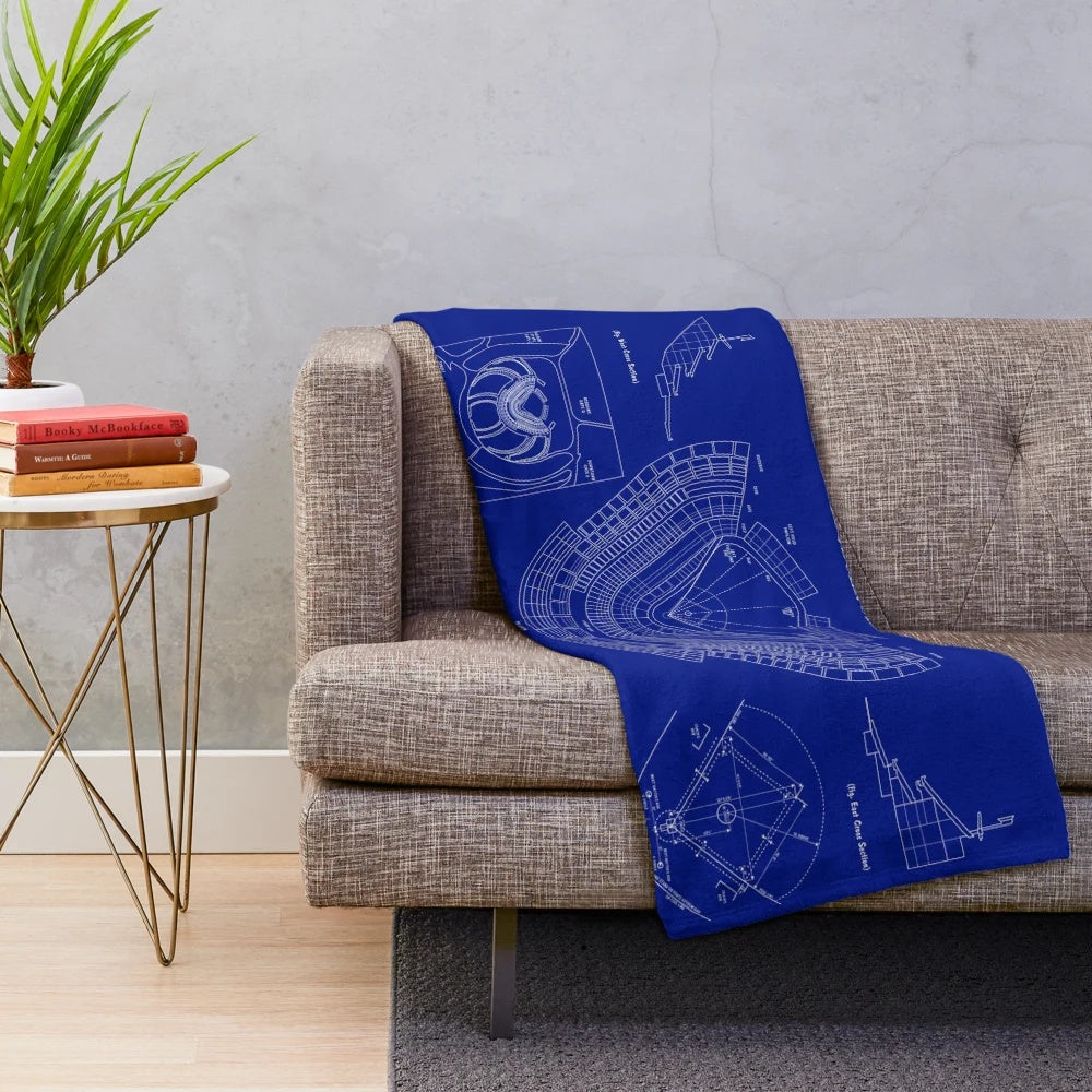 Plush blanket featuring a vintage blueprint-style design of Dodger Stadium with a white stencil on a blue galaxy backdrop