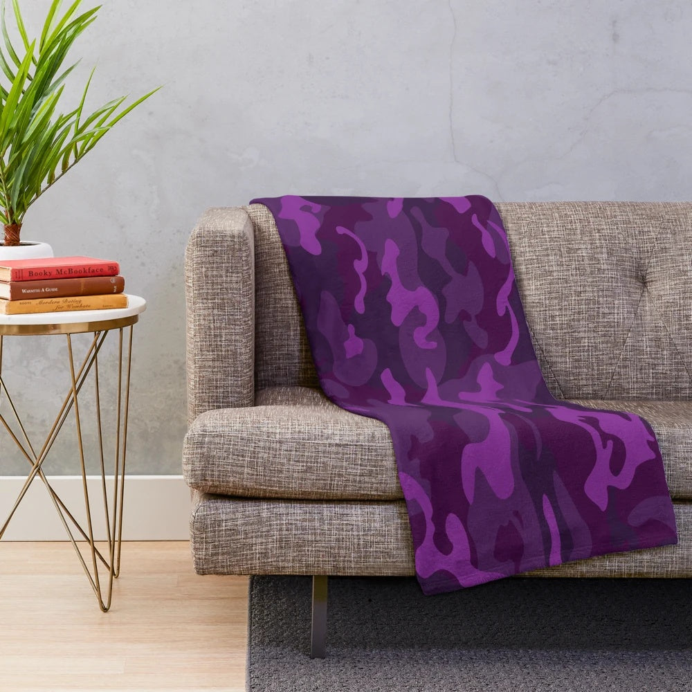 Soft, plush purple blanket with camouflage pattern design