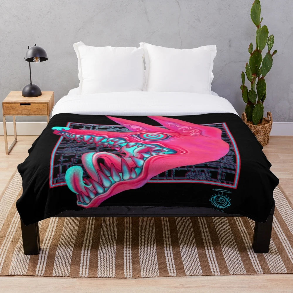 Plush canine-themed blanket with pastel animal print and creepy eyes