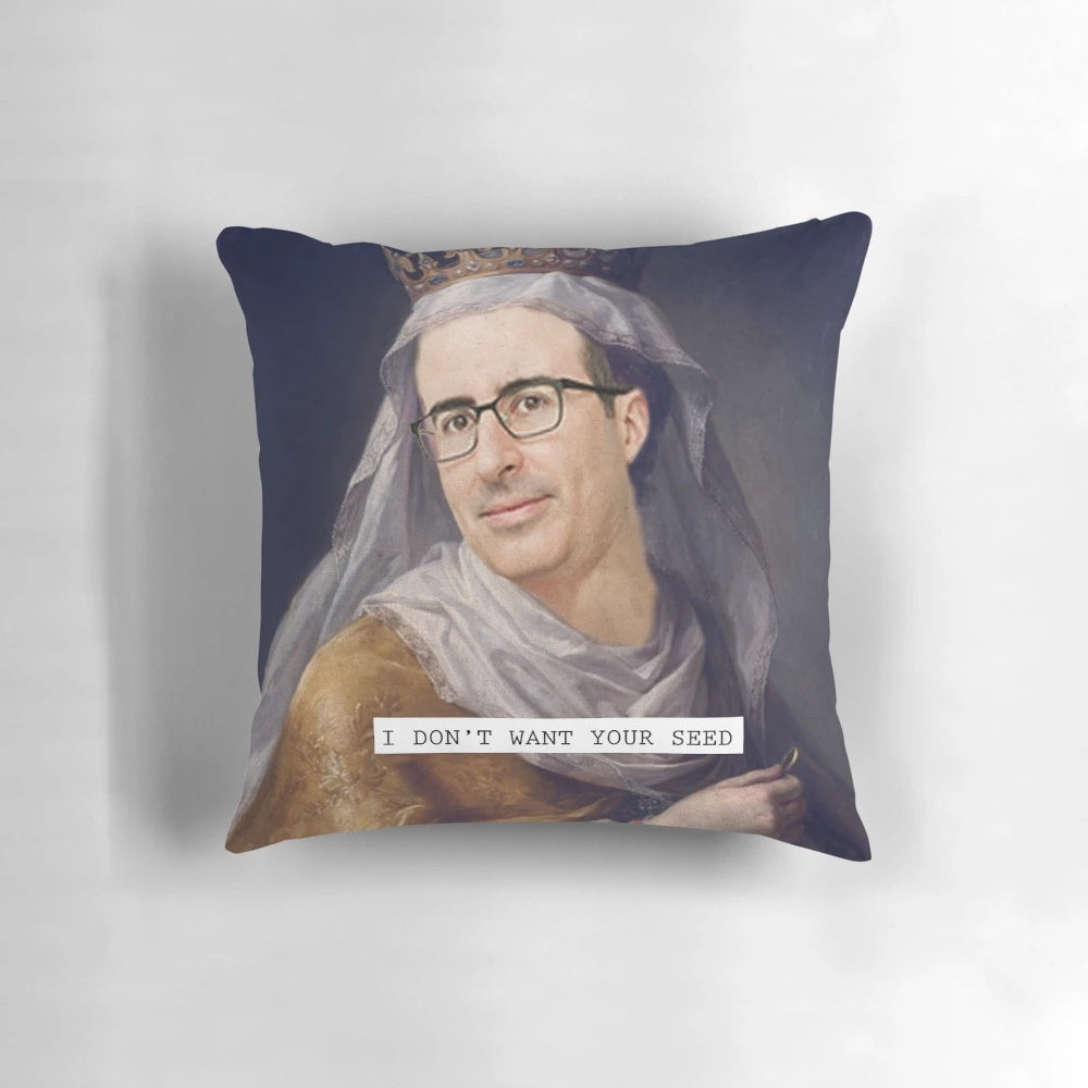 Soft decorative pillow featuring the likeness of TV personality and journalist John Oliver