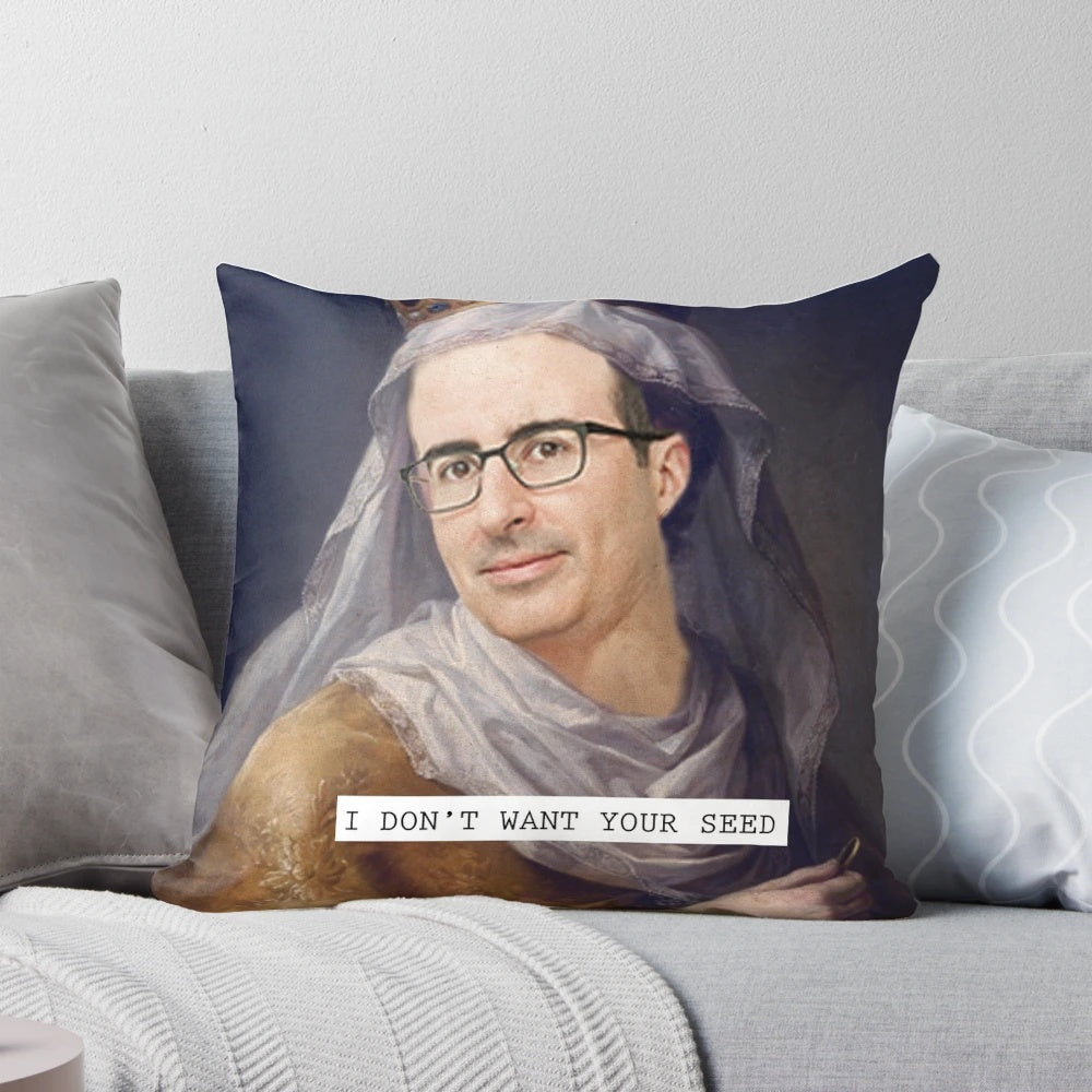 Soft decorative pillow featuring the likeness of TV personality and journalist John Oliver