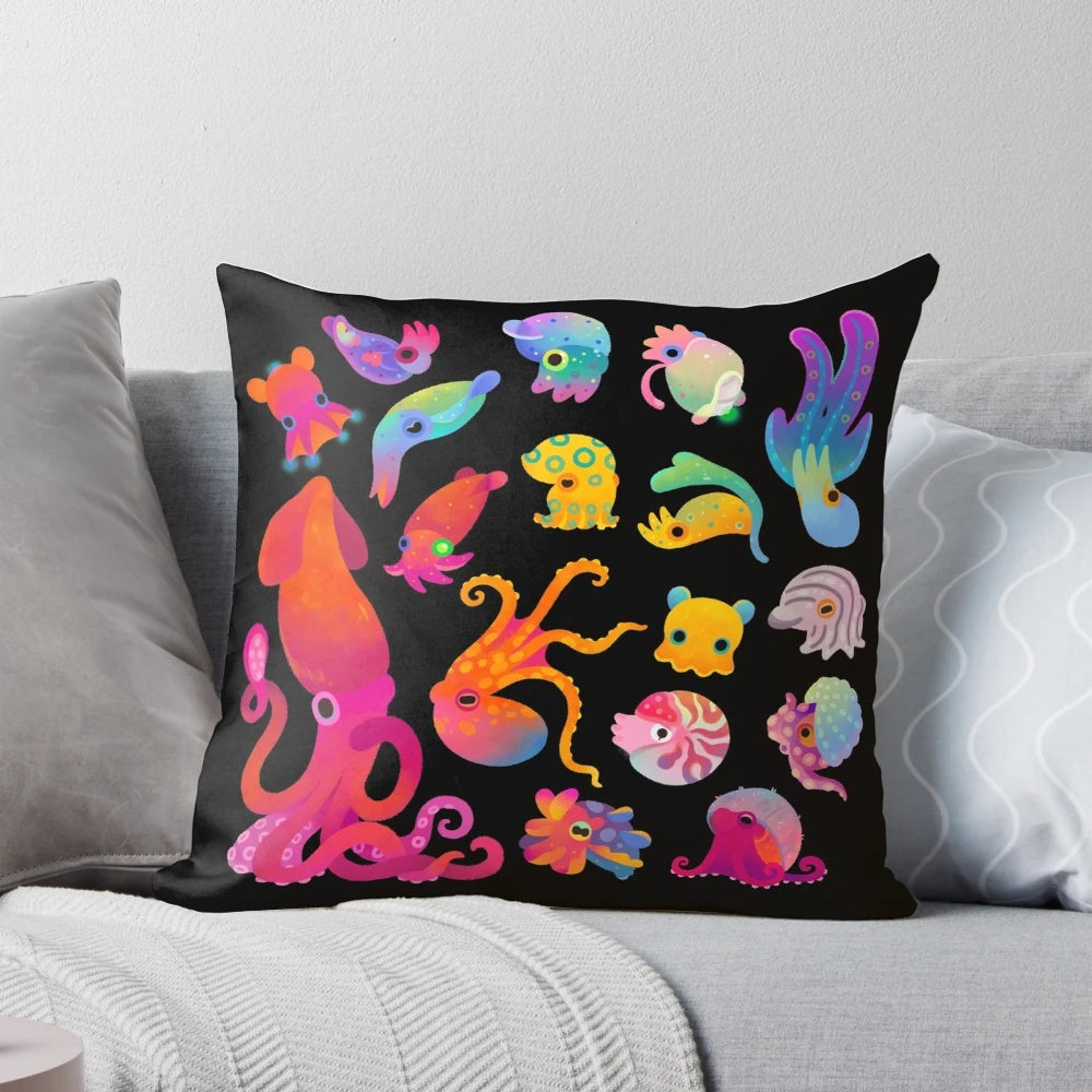 Soft, plush pillow featuring a cephalopod design, perfect for ocean-themed home decor