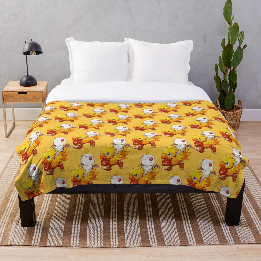 Cozy plush blanket featuring chocobo and moogle characters from the Final Fantasy video game series