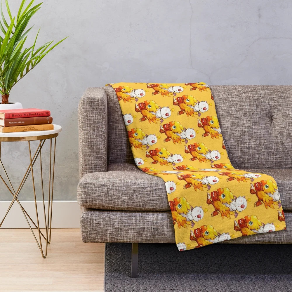 Cozy plush blanket featuring chocobo and moogle characters from the Final Fantasy video game series
