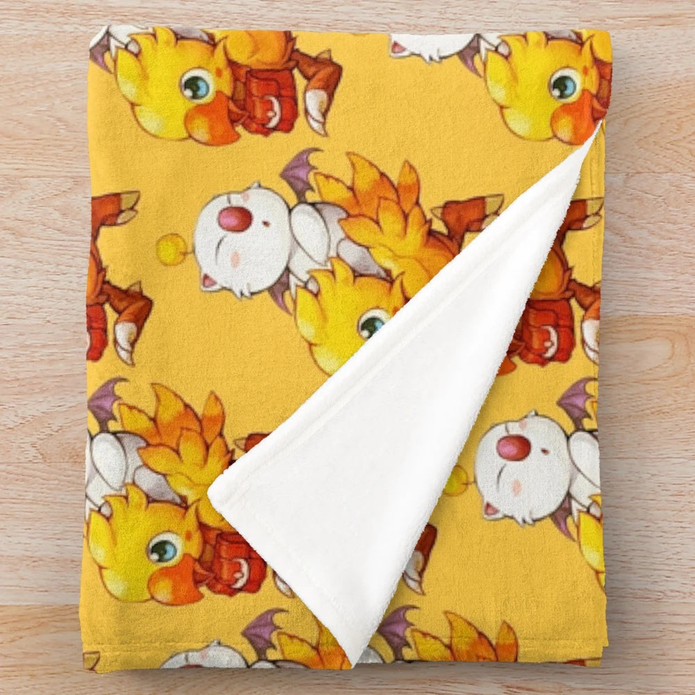 Cozy plush blanket featuring chocobo and moogle characters from the Final Fantasy video game series